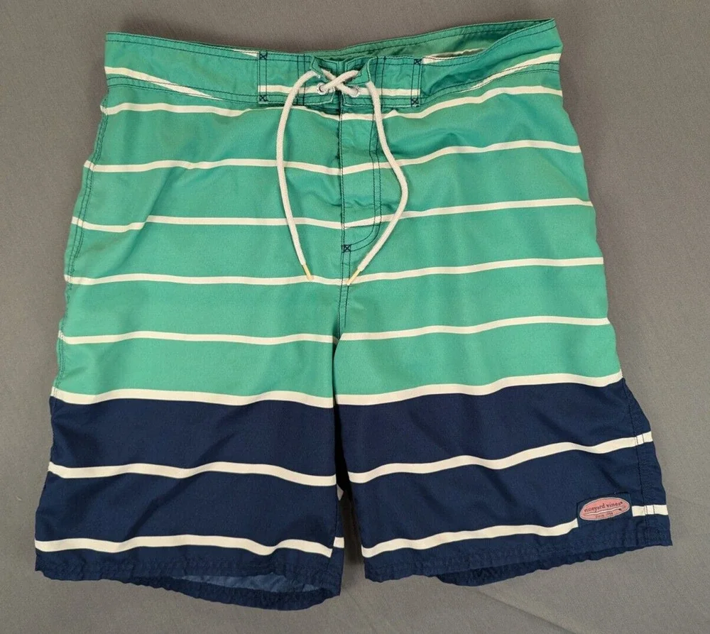 Vineyard Vines Board Shorts Mens 34 Striped Green Drawstring Polyester Swimwear